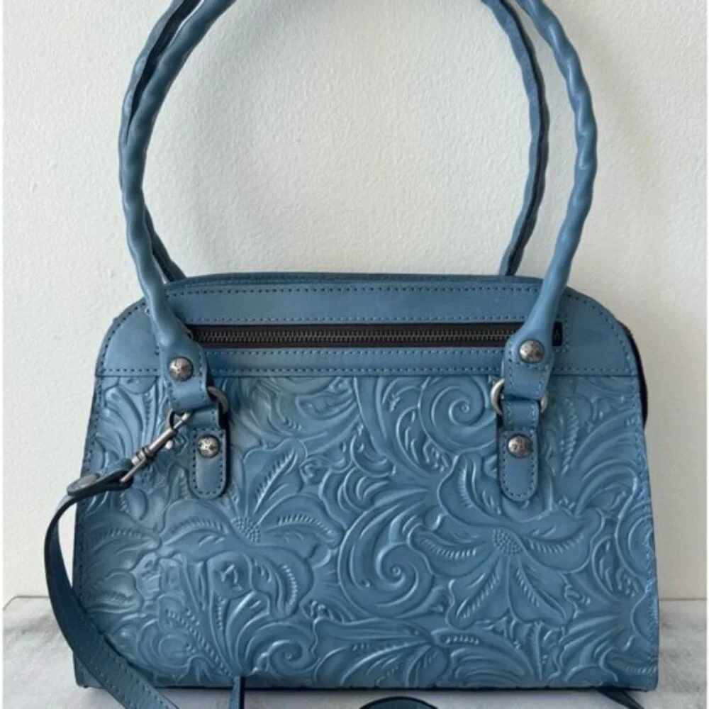 PATRICIA NASH LEATHER CALVI TOOLED FLORAL SATCHEL CROSSBODY SAFFLOWER BLUE